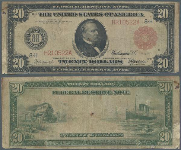 United States of America: 20 Dollars Federal Reserve note, series 1914 with Port...