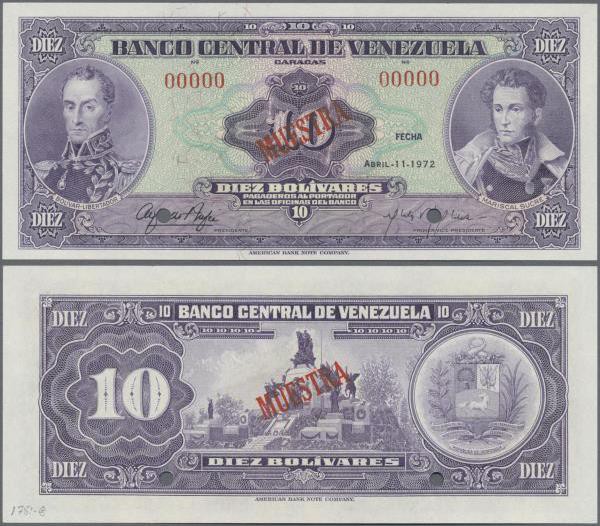 Venezuela: 10 Bolivares April 11th 1972 SPECIMEN, P.51bs in UNC condition.
 [ta...