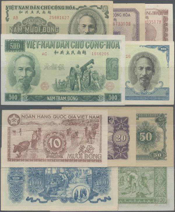 Vietnam: Set with 5 Banknotes 10, 20, 50, 100 and 500 Dong 1951, P.59-63, 64in V...