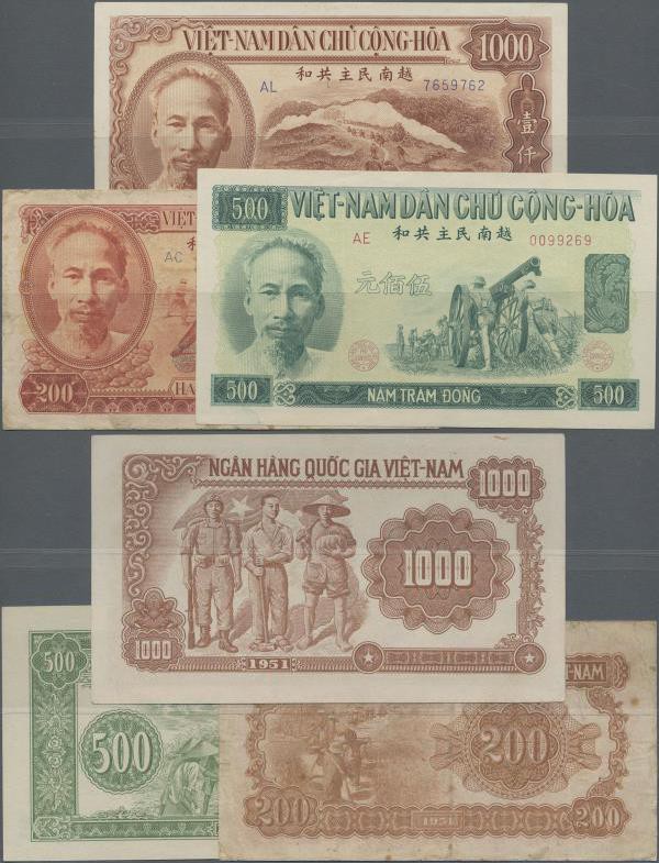 Vietnam: Set with 3 banknotes of the armed forces series with 200 Dong 1951 P.63...
