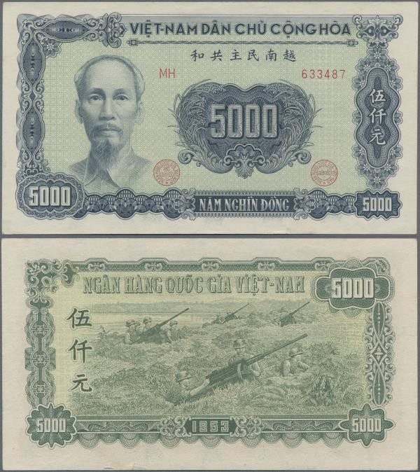 Vietnam: 5000 Dong 1953, P.66a, excellent condition without folds, just a tiny t...