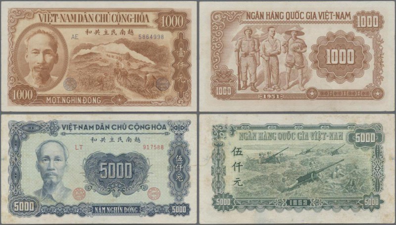 Vietnam: 1000 Dong1951 and 5000 Dong 1953, P.65, 66, both in about F+ to VF cond...