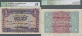 Western Samoa: Territory of Western Samoa 5 Pounds May 1st 1961 Treasury note, P.17, excellent condition for this large size type, still bright colors...
