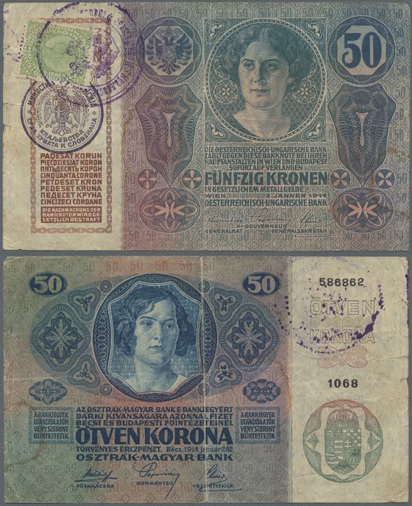 Yugoslavia: 50 Kronen ND(1919), adhesive stamp on Austria # 15, P.8b, used condi...
