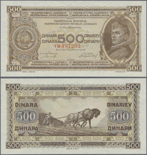 Yugoslavia: 500 Dinara 1946, P.66a without security thread and small numerals, t...