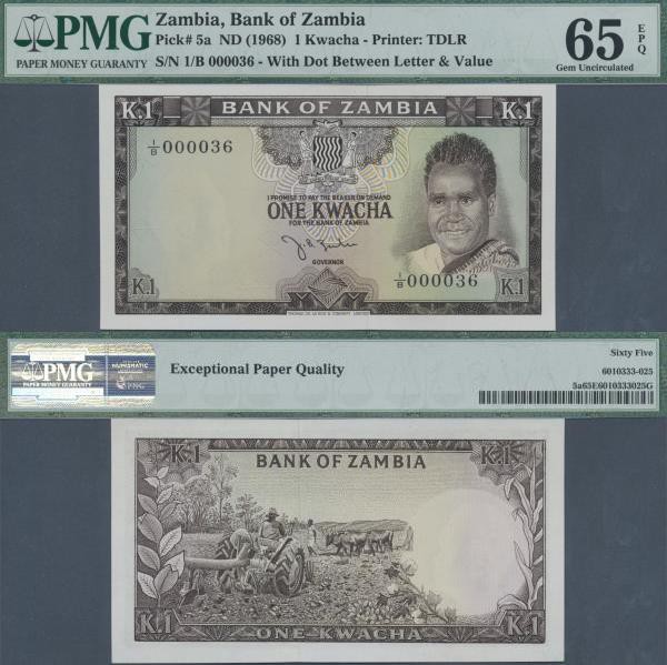 Zambia: 1 Kwacha ND(1968) P. 5a with low serial number #000036, condition: PMG g...