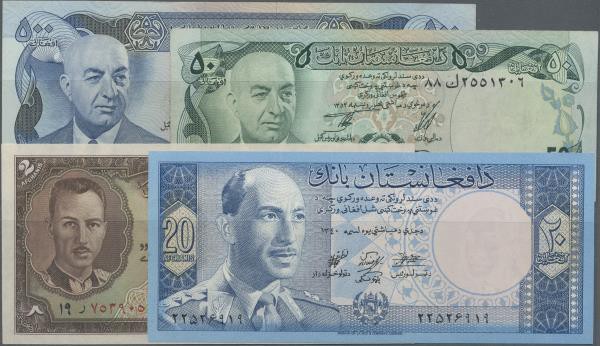 Afghanistan: Set with 9 Banknotes 2 - 500 Afghanis ca. 1939-2002, P.21, 38, 49, ...