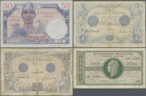 France: Interesting lot with 29 banknotes from 1912 to the 1950's comprising for example 5 Francs 1917 P.70 (F-), 20 Francs 1912 P.68 (F-), 50 Francs ...