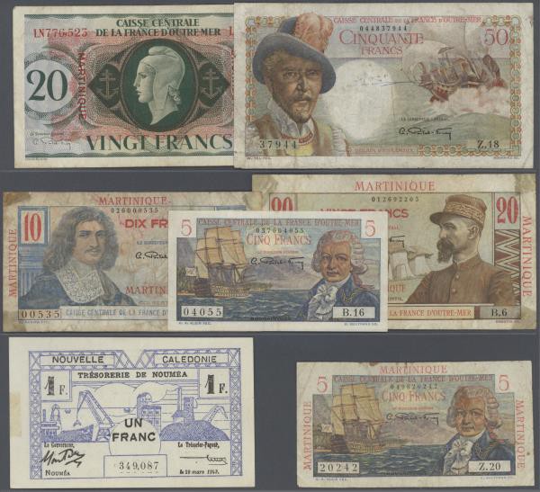 Alle Welt: set of 7 banknotes containing New Caledonia 1 Franc 1943 P. 55 (XF), ...
