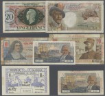 Alle Welt: set of 7 banknotes containing New Caledonia 1 Franc 1943 P. 55 (XF), French Equatorial Africa 5 and 50 Francs ND P. 23, 20 (VF and F), Mart...