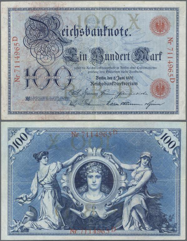 Deutschland - Deutsches Reich bis 1945: 100 Mark 1907, Ro. 30, mit horizontalen ...