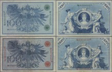 Deutschland - Deutsches Reich bis 1945: 100 Mark (1908), einmal mit rotem und einmal mit grünem Siegel, Ro.33/34, bei beiden fehlen Ausgabeort und Dat...