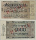 Deutschland - Deutsches Reich bis 1945: 1000 Rentenmark 1923 MUSTER, Ro.161M, mit KN A0334576, rotem Überdruck ”MUSTER” und vierfacher Perforation ”DR...