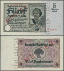 Deutschland - Deutsches Reich bis 1945: 5 Rentenmark 1926 MUSTER, Ro.164M mit KN A0000000, rotem Überdruck ”MUSTER” und Perforation ”DRUCKPROBE”, nahe...