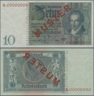 Deutschland - Deutsches Reich bis 1945: 10 Reichsmark 1929 MUSTER, Ro.173M mit KN A00000000, rotem Überdruck ”MUSTER” und Perforation ”DRUCKPROBE” in ...