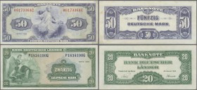 Deutschland - Bank Deutscher Länder + Bundesrepublik Deutschland: 50 DM 1948 Ro.242 und 20 DM 1949 Ro.260, beide mit senkrechtem Mittelknick und einig...