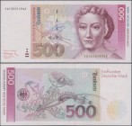Deutschland - Bank Deutscher Länder + Bundesrepublik Deutschland: 500 DM 1991 Ersatznote YA/A, Ro.301b, senkrechter Mittelknick und mehrere kleine Fal...