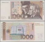 Deutschland - Bank Deutscher Länder + Bundesrepublik Deutschland: 1000 DM 1991, Ro.302a, zwei leichte senkrechte Knicke, sonst einwandfrei. Erhaltung:...