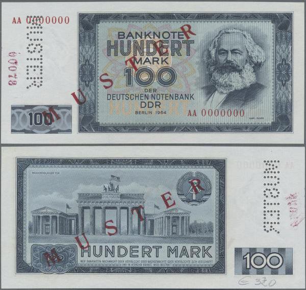 Deutschland - DDR: 100 Mark 1964 mit Perforation und rotem Überdruck ”MUSTER” un...