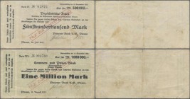 Deutschland - Notgeld - Sachsen: Plauen, Plauener Bank A.-G., 500 Tsd. Mark, 28.7.1923, Scheck auf Vogtländische Bank, 1 Mio. Mark, 15.8.1923, Scheck ...