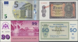 Deutschland - DDR: Album mit 181 Banknoten und diversen Gutscheinen DDR, diversen Banknoten Deutsches Reich, aber auch 75 DM und 10 Euro Nominale. Erh...