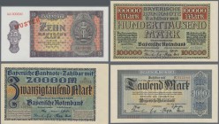 Deutschland - Länderscheine: Lot mit 14 Banknoten, dabei 5 Rentenmark 1926 in VF, DDR 10 Mark 1954 MUSTER in UNC, Ausgaben der Bayerischen Notenbank z...
