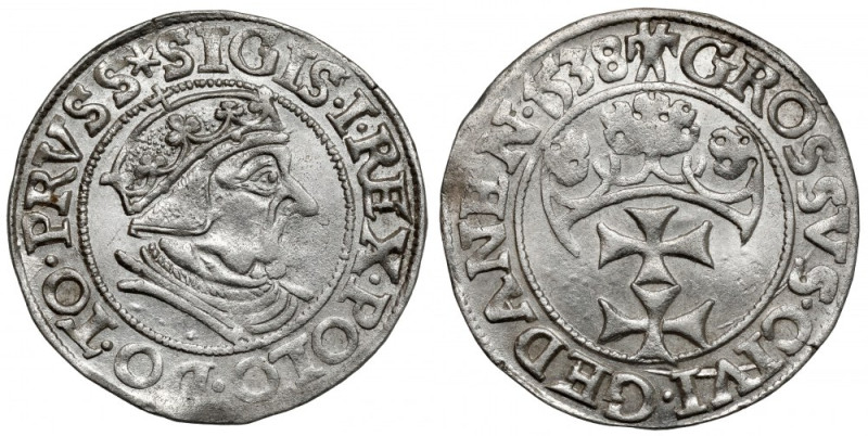 Zygmunt I Stary, Grosz Gdańsk 1538 Bardzo ładny połysk. Miejscowe niedobicie na ...