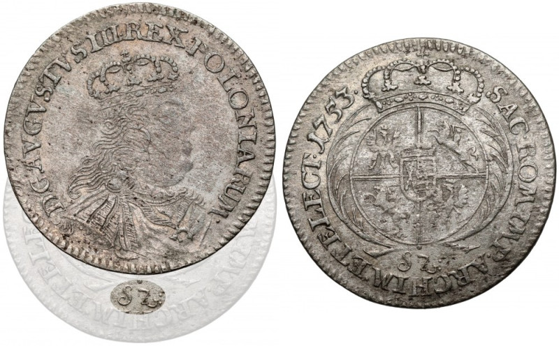 August III Sas, Szóstak Lipsk 1753 - 'Sz' - rzadki Charakterystyczny, pierwszy s...