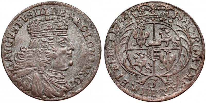 August III Sas, Trojak Lipsk 1754 Odmiana z szerokim, masywnym portretem króla. ...