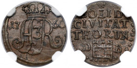 August III Sas, Szeląg Toruń 1760 DB - inicjały R2