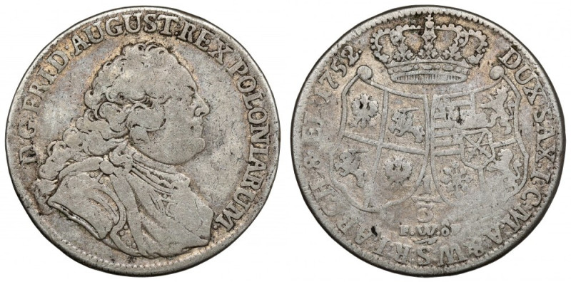 August III Sas, 1/3 talara 1752 FWóF, Drezno Naturalna, wyraźnie obiegowa sztuka...