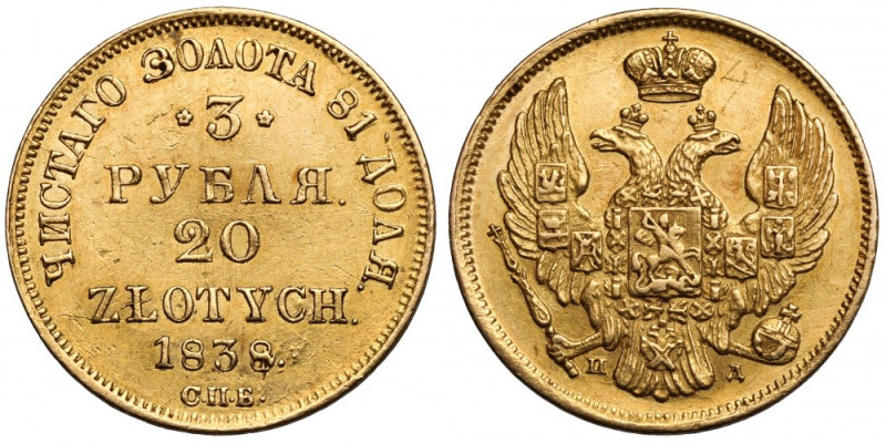 3 ruble = 20 złotych 1838 ПД, Petersburg Graffiti przy głowie orła. Lekkie przet...