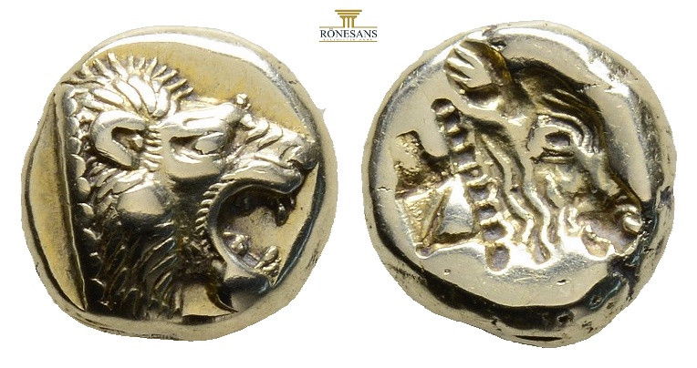 Lesbos, Mytilene EL Hekte. Circa 521-478 BC. (2.70g, 10.3mm) Head of roaring lio...