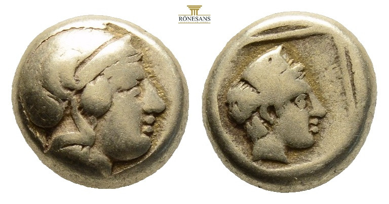 Lesbos, Mytilene EL Hekte. Circa 412-378 BC. (2.51g, 10.2mm) Head of Athena to r...