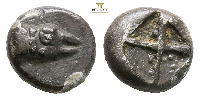 Mysia, Kyzikos AR Obol. Circa 600-550 BC. (1.38g, 9mm) Head of tunny fish to Rig...