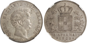 GREECE. Otho, 1832-1862. 5 Drachmai 1833 (Silver, 38 mm, 22.38 g, 6 h), Paris, grave accent variety , struck from dies by Carl Friedrich Voigt, reeded...