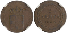 GREECE. Otho, 1832-1862. 2 Lepta 1836 (Copper, 19 mm, 2.60 g, 12 h), Athens, struck from dies by K. Lange, reeded edge. BΑΣΙΛΕΙA ΤΗΣ ΕΛΛΑΔΟΣ Crowned s...