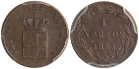 GREECE. Otho, 1832-1862. 1 Lepton 1851 (Copper, 16.6 mm, 1.30 g, 6 h), Athens, struck from dies by K. Lange, reeded edge. BΑΣΙΛΕΙON ΤΗΣ ΕΛΛΑΔΟΣ Crowne...