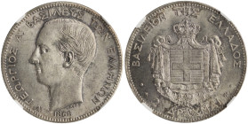 GREECE. Georgios I, 1863-1913. 2 Drachmai 1868 (Silver, 27 mm, 10 g, 6 h), Paris = A, struck from dies by Albert-Désiré Barre, reeded edge. ΓΕΩΡΓΙΟΣ Α...