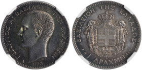 GREECE. Georgios I, 1863-1913. Proof 1 Drachmi 1873 (Silver, 23 mm, 5.00 g, 6 h), Paris = A, struck from dies by the engraver Albert-Désiré Barre, ree...