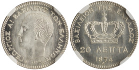 GREECE. Georgios I, 1863-1913. Proof 20 Lepta 1874 (Silver, 16 mm, 1 g, 6 h), Paris = A, struck from dies by Albert-Désiré Barre, reeded edge. ΓΕΩΡΓΙΟ...