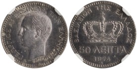 GREECE. Georgios I, 1863-1913. 50 Lepta 1874 (Silver, 18 mm, 2.5 g, 6 h), Paris = A, proof-like, struck from dies by Albert-Désiré Barre, reeded edge....