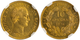 GREECE. Georgios I, 1863-1913. 10 Drachmai 1876 (Gold, 19 mm, 3.23 g, 6 h), variety with filled "P" on the engraver's name. Paris = A, struck from die...