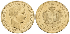 GREECE. Georgios I, 1863-1913. 20 Drachmai 1876 (Gold, 21 mm, 6.44 g, 6 h), Paris = A, struck from dies by Albert-Désiré Barre, reeded edge. ΓΕΩΡΓΙΟΣ ...