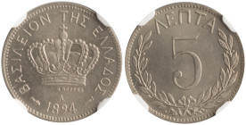 GREECE. Georgios I, 1863-1913. 5 Lepta 1894 (Copper-Nickel, 17 mm, 2 g, 6 h), Paris = A, struck from dies by A. Borrel, plain edge. ΒΑΣΙΛΕΙΟΝ ΤΗΣ ΕΛΛΑ...