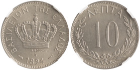 GREECE. Georgios I, 1863-1913. 10 Lepta 1894 (Copper-Nickel, 19 mm, 3 g, 6 h), Paris = A, struck from dies by A. Borrel, plain edge. ΒΑΣΙΛΕΙΟΝ ΤΗΣ ΕΛΛ...