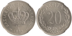 GREECE. Georgios I, 1863-1913. 20 Lepta 1894 (Copper-Nickel, 21 mm, 4.00 g, 6 h), Paris = A, struck from dies by A. Borrel, plain edge. ΒΑΣΙΛΕΙΟΝ ΤΗΣ ...