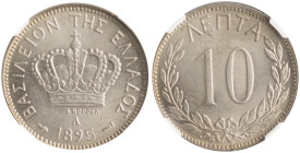 GREECE. Georgios I, 1863-1913. 10 Lepta 1895 (Copper-Nickel, 19 mm, 3.00 g, 6 h), Paris = A, struck from dies by A. Borrel, plain edge. ΒΑΣΙΛΕΙΟΝ ΤΗΣ ...