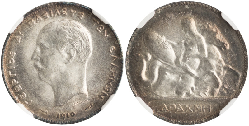 GREECE. Georgios I, 1863-1913. 1 Drachmi 1910 (Silver, 23 mm, 5 g, 6 h), Paris, ...