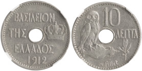 GREECE. Georgios I, 1863-1913. 10 Lepta 1912 (Copper-Nickel, 21 mm, 4 g, 6 h), a circulation issue lacking all privy marks, Paris, struck from dies by...